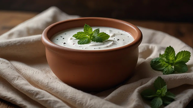 A clay bowl filled with fresh curd garnished with mint leaves, placed on a cloth with herbs on the side