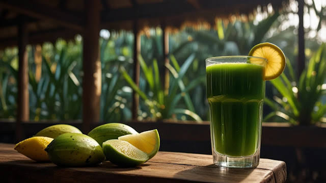 Glass of fresh green juice with a lemon slice on the rim, placed beside sliced raw mangoes on a wooden table in a natural outdoor setting