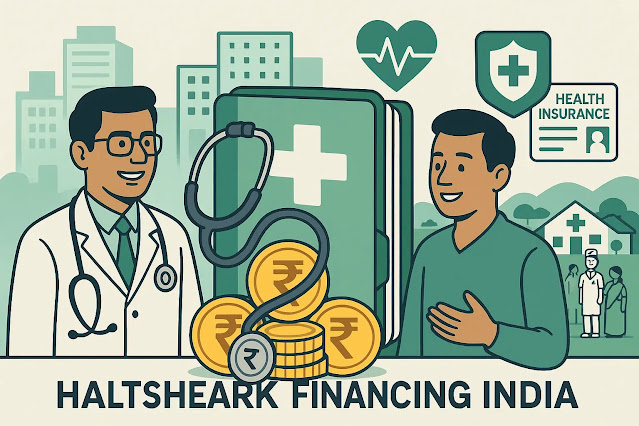 Illustration showing a doctor and a patient discussing health insurance and medical financing in India with money, medical files and healthcare icons