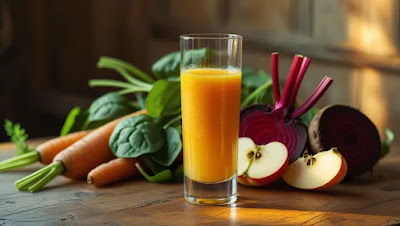 Glass of fresh orange vegetable juice placed with carrots, spinach leaves, beetroot and sliced apples on a wooden table