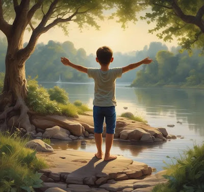 A young boy standing on a rock near a calm river with arms wide open, surrounded by trees and sunlight in a peaceful natural setting.
