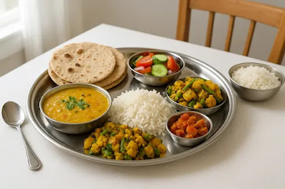 Traditional Indian thali with dal, rice, chapati, mixed vegetable sabzi, salad and sweet served on a steel plate
