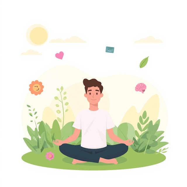 a man meditating outdoors in a garden surrounded by plants, sunshine and positive mental health icons