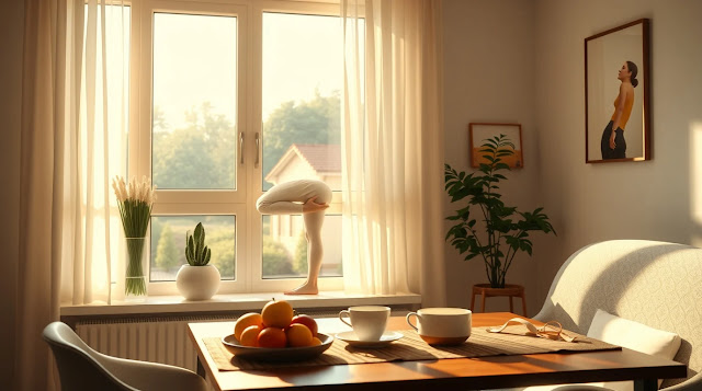 Sunlit cozy dining room with a table set for tea, indoor plants, fruits and soft natural light coming through a window
