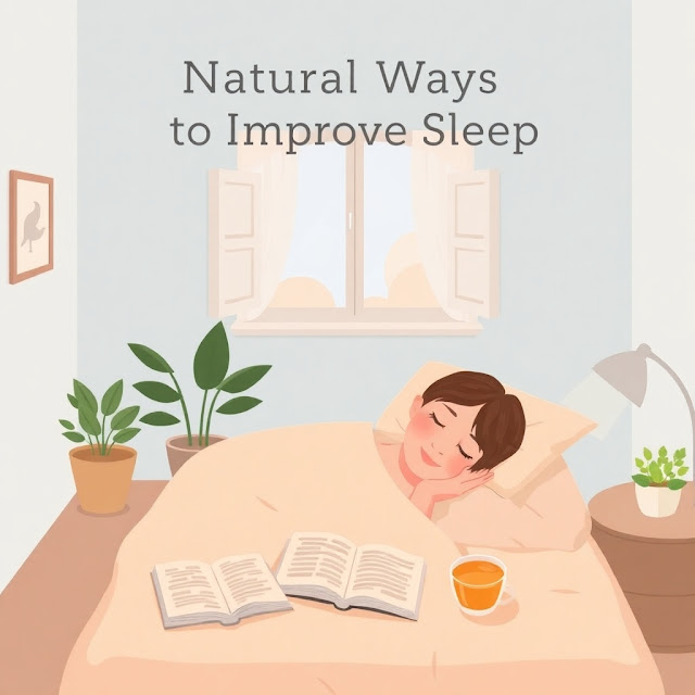 a person sleeping peacefully in bed with books and a cup of herbal tea, promoting natural ways to improve sleep