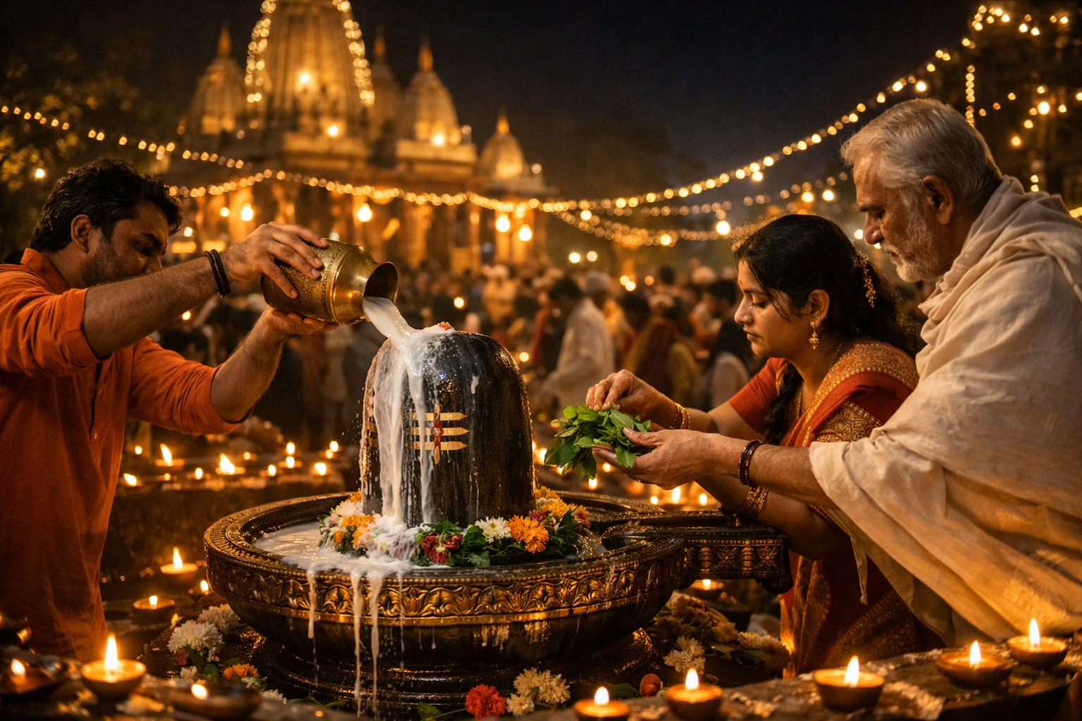महा शिवरात्रि पर शिवलिंग अभिषेक करते हुए भक्त